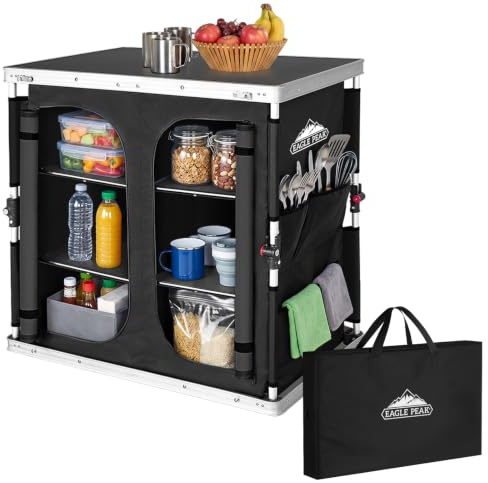 EAGLE PEAK Double Folding Camping Table with Storage Organizer and Side Pockets, Portable Outdoor Portable Camping Table for BBQ, Picnic and Tailgating, Carry Bag Included, Black