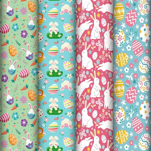 Ohtum 12 Blatt gefaltetes Oster-Geschenkpapier, Osterhase, Ei, Blume, Kaninchen, Urlaub, Geschenkpapier, Kunstpapier für DIY, Hochzeitstag, Babyparty, Geschenke, Verpackungsdekoration, 19,7 x 27,6 cm