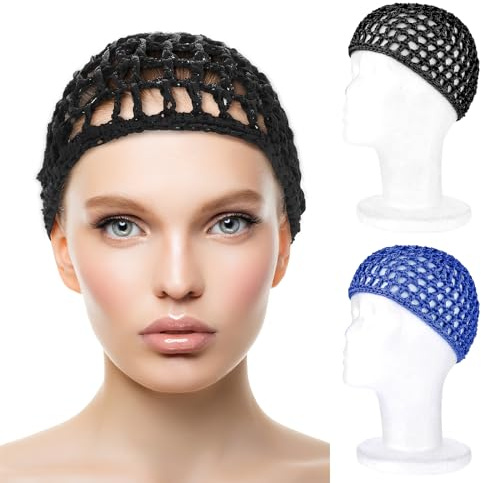 WLLHYF Gorro de ducha de red para el cuidado del cabello rizado, 2 unidades, gorro de spa, cubierta de malla de punto elástico, malla de ganchillo, para dormir, para la espalda y el baño (negro/azul)
