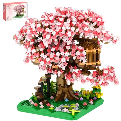 Boyorc Cherry Blossom Tree House Building Blocks Set, 1000+ PCS Artificial Bonsai Tree Kit, Nano Plant Flowers Building Blocks Sets Gift for Adults