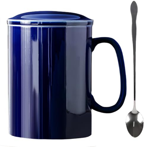 KOPYFANTAP Große Keramikbecher 1 Liter mit Deckel & Löffel, Blau | Riesige Kaffeetasse, spülmaschinenfest & mikrowellengeeignet, Jumbo Becher für Kaffee, Tee, heiße Schokolade, Zuhause & Büro