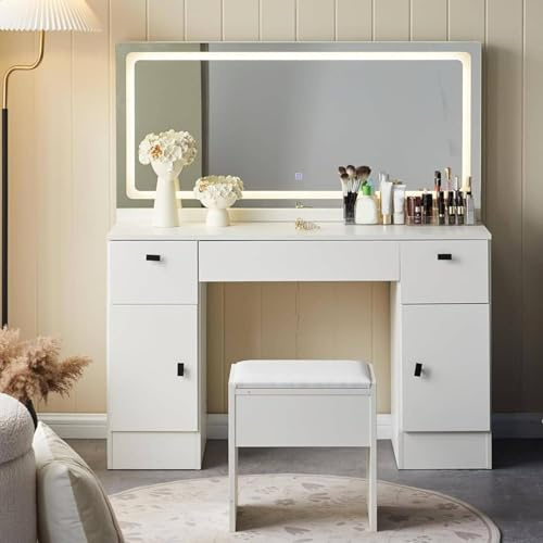 CLIPOP Schminktisch weiß, LED-Spiegel, Ladestation, 3 Schubladen | Mit Hocker, verstellbare Helligkeit, Kosmetiktisch, Frisiertisch, 2 Schränke, 117×40×135 cm, modernes Design, viel Stauraum