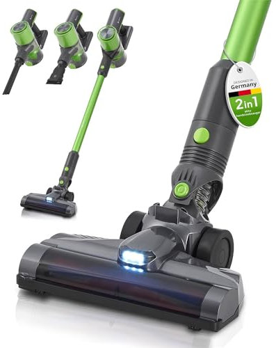 Juskys 2-in-1 Akkustaubsauger VC2101 mit Zubehör - kabellos & beutellos - HEPA Filter, Düsen & Wandhalterung - Akku Staubsauger Anthrazit - Grün