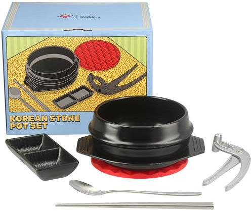 Captain Cranberry Korean Stone Pot Set (7-piece, 38.7oz with Hot Pot Grip), Ttukbaegi, Dolsot, Korean Soup Bowl, Ceramic Pots for Cooking, Soup Pot, Earthenware Claypot, Bibimbap, Ramen