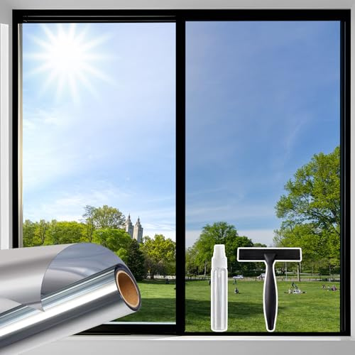 Beautysaid Reflective One Way Window Film Privacy, Silver 44.5 x 400cm, | Sun Blocker Window Tint with Tools, Mirror See Out Not In Heat & Glare Control UV Protection, Home Office Living Room Sticker