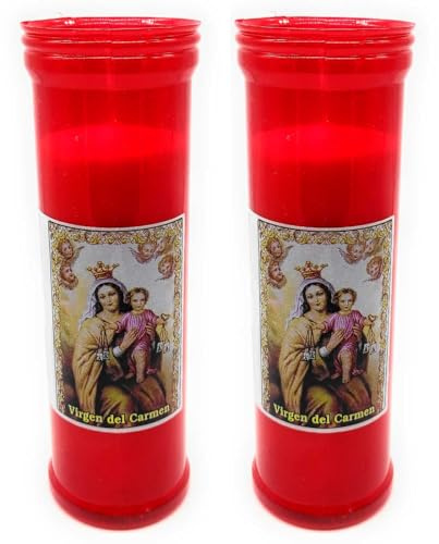 Tradineur - Confezione da 2 veloni santi Vergine del Carmen, candele liturgiche di paraffina e cera vegetale, decorazione di chiese, cimiteri, tombe (Rosso-18,5 cm)