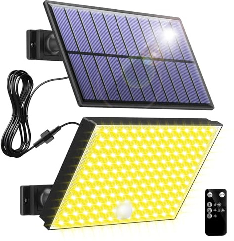 Topabol Faretto Led da Esterno Solare,Sensore Movimento,Giallo Caldo | 400LED Faretti Solari a led da Esterno, 5m Cavo, Telecomando, Luci Solari da Giardino 3 Modalità per Garage Cortile