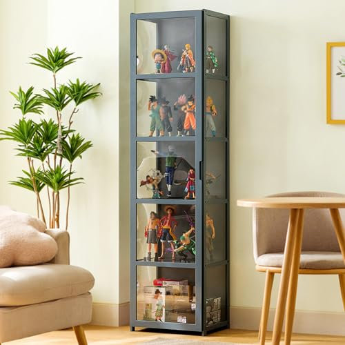 Pounjsd Sammlervitrine Stehend Standvitrine Glasvitrine, vitrinenschrank, vitrine Glas stehend, glasvitrine, Großer Kapazität Klare Regal Vitrine, Holzvitrine, bücher vitrinenschrank Grau