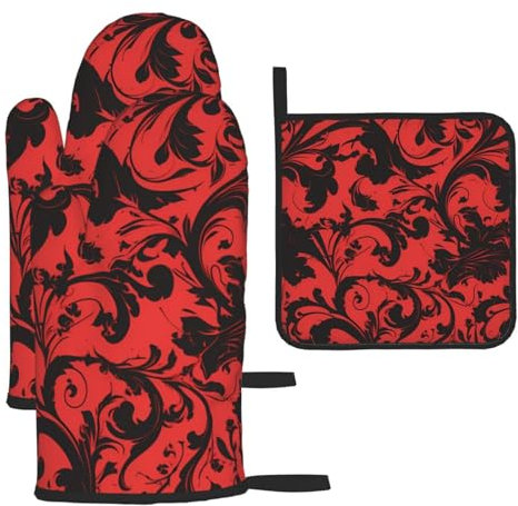 BROLEO Set di 3 guanti da forno e presine per isolamento termico antiscottatura, stampe rosse e nere alla moda