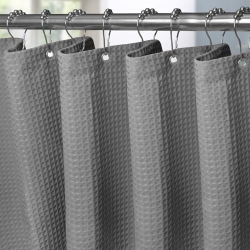 VANZAVANZU Waffel Duschvorhang mit Metall Duschvorhangringe Stoff Textil Badewannenvorhang Anti Schimmel Bad Vorhang Set Wasserdicht Schwerer Badewanne Vorhang - 182 x 198cm (Dunkelgrau)