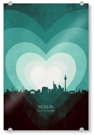 artboxONE Acrylglasbild 60x40 cm Städte Berlin Skyline Heart Teal - Bild Berlin Deutschland Herz