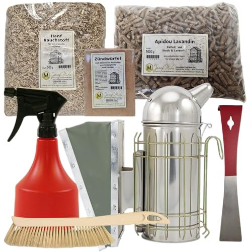 Jungimker Werkzeugset, Einsteiger Bienenzucht, 7-teiliges Set Imkereibedarf, Smoker, Besen, Meißel, Tabak, Rauchpellets, Anzündwürfel, Zerstäuber