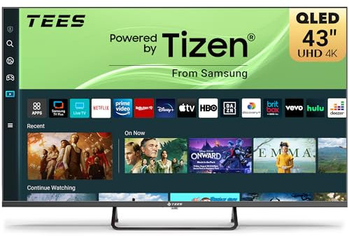 Tees 43 inch 4K QLED Smart TV, Central Stand Design Tizen OS UHD Television with Apple TV+ BBC Netflix Freeview Gaming Hub, MEMC HDR10 Ideal Large Screen for Liaving Room, Made in the UK