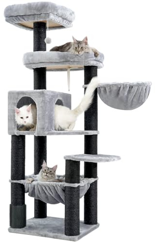 Hey-brother XXL stort klösträd för Maine katt, 168 cm klösträd för stora katter, med överdimensionerad hängmatta, sisalpost (φ11 cm) och kammare, 2 plattformar, grotta, korg, ljusgrå EMPJ01W