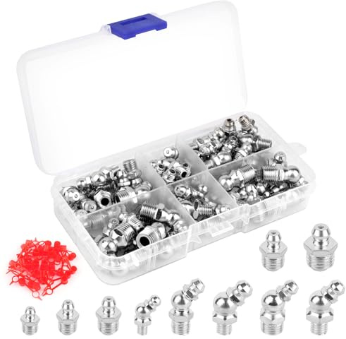 MXTIMWAN 105 Pezzi Set di Ingrassatori, Assortimento di Ingrassatori con Cappucci Protettivi, M6 M8 M10 Grasso Raccordo Assortimento per Attrezzature Meccaniche (Dritto e Angolato 45 ° 180 °)