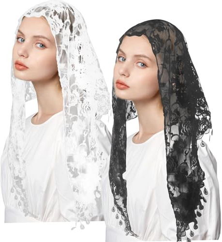 2 Stück Messe Schleier Dreieck 140x48cm Kirchlicher Spitzenschleier aus Baumwollspitze für Hochzeit Braut, Mantilla Kathedrale in Schwarz und Weiß