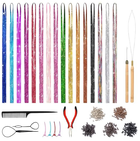 YZROHYI 16 Stück Glitzer Strähnen Haare,Glitter Hair Tinsel Set,Haar Lametta für Die Haare mit Werkzeug,Glitzer Extensions Haare,Bunte Haarsträhnen zum Einklipsen,Haarsträhnen zum Einflechten