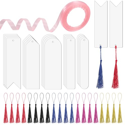 Larrel 20 Stück Acryl Lesezeichen Rohlinge, Lesezeichen Personalisiert Blanko LesezeichenSet mit 20 Bunten Quasten Mehrere Formen Transparent Blanko Bookmark für DIY Basteln Notizbuch Weihnachts