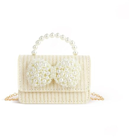 Feelorna Small Straw Handbag for Women, Pearl Bow Mini Top Handle Clutch Bag Evening Bag with Detachable Chain Strap, Fashion Straw Crossbody Shoulder Bags for Travel Date