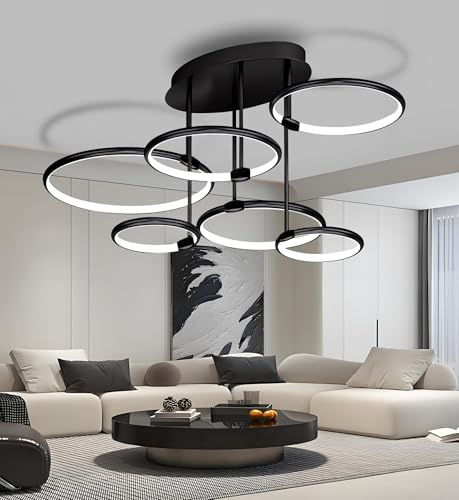 WSXEDC Schwarz 6 - Ring Dimmbare Deckenleuchte 100cm LED Wohnzimmerlampe mit Nachtlicht Designer Beleuchtung 70W Farbwechsel 2700K–6500K für Wohnzimmer Schlafzimmer Esszimmer