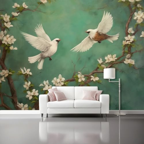 Carta Da Parati 150 x 105 cm（WxH,Fotomurali Stile Tradizionale Cinese Fiori Uccelli Murale Alla Moda Decorazione Da Muro Poster Gigante Design Carta Per Pareti Camera Da Letto Verde