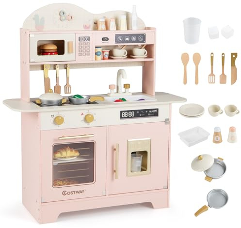 COSTWAY Wooden Toy Kitchen, Kids Pretend Play Kitchen with 17 Pcs Accessories, Realistic Microwave, Oven, Coffee Maker, Sink, Interactive Toy Role Play Playset for 3+ Years Old (Pink)