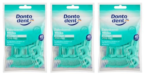 DM Zahnseide Sticks Sensitive, 3 x 40 Stück (120 Stück), extra sanftes Zahnband, mit Zahnstocher und Reiseetui, für empfindliche Zähne