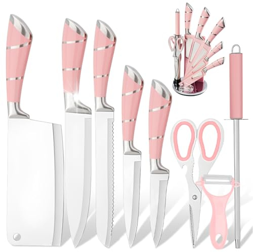 Set Couteaux de Cuisine 9 Pièces avec Bloc Rotatif ABS - Lames Anti-Adhésives, Fusil à Aiguiser, Ciseaux - Couleurs Rose, Idéal pour Hacher et Trancher