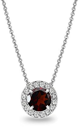 B. BRILLIANT Garnet Necklace for Women Sterling Silver Round Halo Pendant Necklaces Bridesmaids Valentines Day Birthday