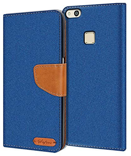 Verco für P10 Lite Hülle, Schutzhülle für Huawei P10 Lite Tasche Denim Textil Book Case Flip Case Klapphülle, Blau