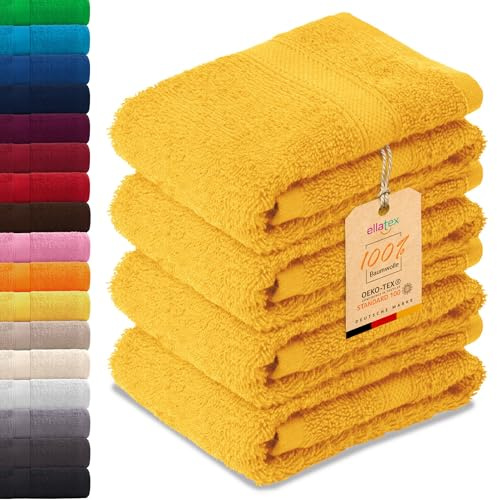 EllaTex Paris 4er Set Gästetücher 30x50 cm – 100% Baumwolle, 500 g/m² Frottier, flauschig, Farbe: Sonnengelb