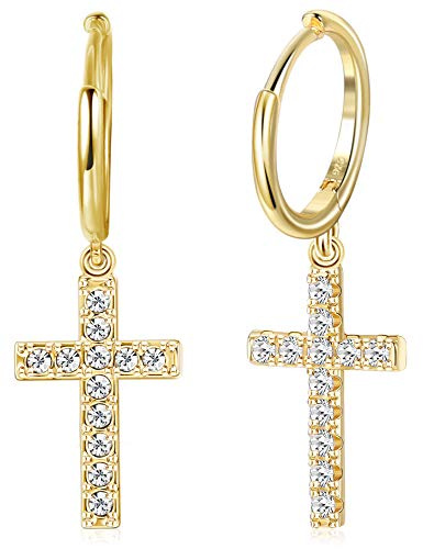 Milacolato 925 Sterling Silber Creolen Ohrringe Damen Ohrhänger Silber CZ Gold Hängende Zirkonia Kreuz Ohrringe für Frauen Herren mit Anhänger Silber/Gold