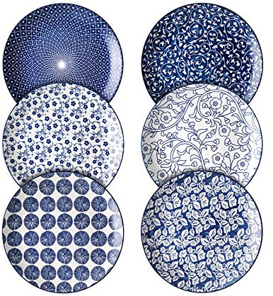 Selamica 8 inch Porcelain Dinner Plates, Large Size Serving Plate for Salad, Pancakes, Steak, Set of 6, Vintage Blue