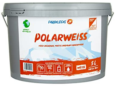 Farbklecks24 Polarweiss 5L (versch. Größen) premium Wandfarbe, weiss, sehr hohe Deckkraft