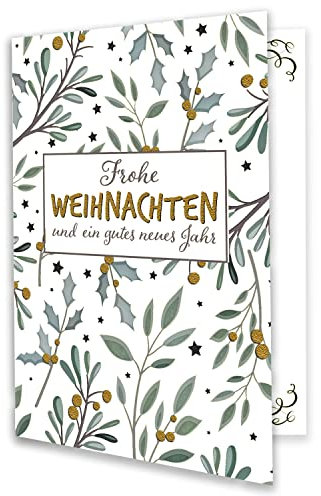 NEUSER PAPIER 100x kleine Weihnachtskarte DIN A7 in Weiß mit Mistelzweigen und Eukalyptus - Faltkarten mit Weihnachtsmotiv - 7,4 x 10,5 cm - Weihnachtsgrüße für Firmen und Privat