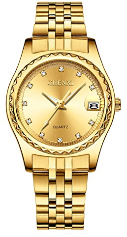JewelryWe Paar Uhren Quarz Analog Partner Freundschafts Armbanduhr Datum Kalender Edelstahl Armband Uhr mit Beleuchtenden Zeiger und Strass rundem Zifferblatt, Geschenk für Herren Damen, Gold