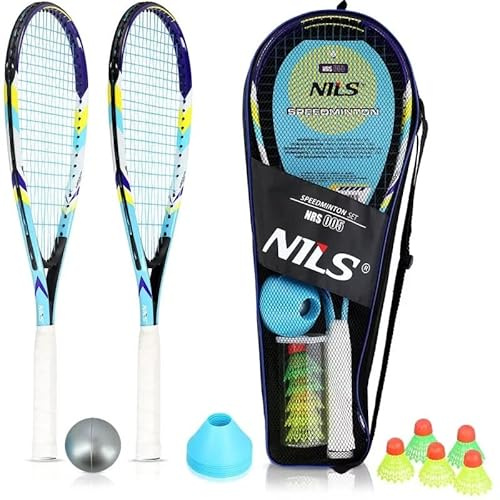 Nils Extreme Crossminton Racquets Set of 2 - 3 Shuttlecocks and Badminton Bags - Unisex for Children, Teenagers and Adults, White and Blue