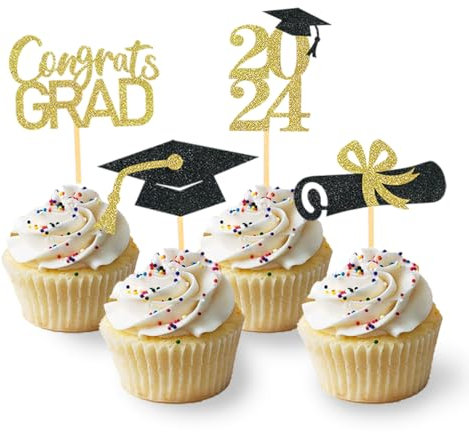 24 Stück Glitzer 2026 Graduation Cupcake Toppers, Abschlussfeier Cupcake toppers, Bachelor Hut Deko, Abschluss Deko für Graduation Abschlussparty Dekoration (schwarz & gold)