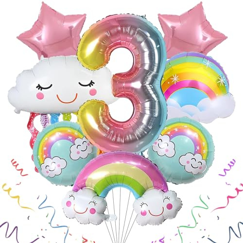 SPHERETRON Regnbåge födelsedagsdekoration flicka 3 år – regnbågsstjärnor, moln, ballonger och ballonger för flickor, födelsedagsdekoration