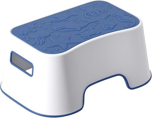 A+KCEYON Step Stool for Kids, Cute Sea Animals Design and Anti-Slip Kids Step Stool with Recessed Handles, Portable Footstool for Kitchen, Bathroom Sink and Toilet Potty Training (Blue)