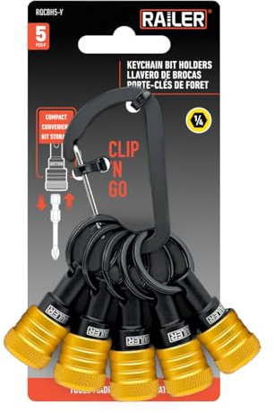 Railer Bit Holder Keychain 5pc - 1/4 inch Hex Shank Bit Holders - Quick-change Design For Nut Driver, Screwdriver & Drill Bits, Include Keychain Carabiner