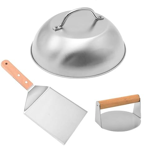 Smash Burger Set aus Edelstahl mit Holzoptik - Burger Smasher, Cheese Melting Dome und Pfannenwender - 3-Teilig - Grill Zubehör für Leckere Hamburger Patties