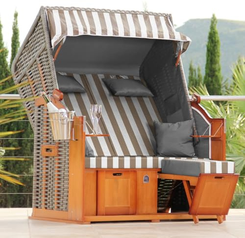 DERKORB Strandkorb 2 Sitzer Ostsee XXL Volllieger, fertig aufgebaut mit Rollen, 137cm breit, ideal für Garten Terrasse Balkon (Creme Weiß)