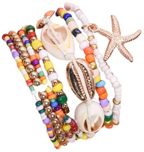 EIYVPRA 7 Stück Muschel-Armbänder für Frauen, Boho Mehrschicht Perlenarmbänder, Seestern-Armbänder, Muschel-Armbänder, Sommer-Strand-Armbänder, Schmuckzubehör für Mädchen Frauen