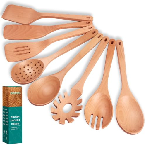 HOWHONG Holzlöffel zum Kochen, Küchenhelfer-Set, aus Buchenholz, handgefertigt, für antihaftbeschichtetes Kochgeschirr, hitzebeständig, glatte Oberfläche, bequemer Griff, 8-teilig