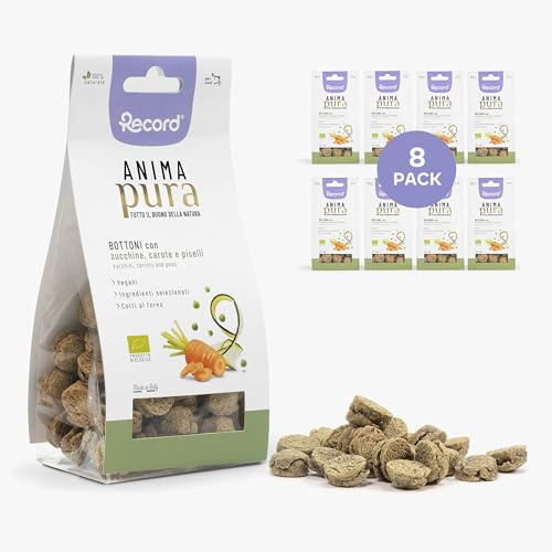 Record Veganer Seelen-Snack für Hunde, Sparpack, natürliche gebackene Kekse mit Zucchini, Karotten und Erbsen, Bio Hundesnack, Made in Italy | 8 Beutel à 100 g
