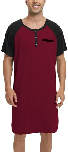 Enjoyoself Camisón Hombre Dormir Camisetas de Pijama Algodón Larga Suave Transpirable Camisa de Noche de Manga Corta Camison Hospital Ropa de Dormir para Descansar Rojo Vino+Negro L