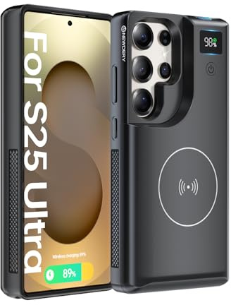 NEWDERY Funda con batería para Samsung Galaxy S25 Ultra 6,9, batería externa portátil de 10 000 mAh con pantalla LED, cargador inalámbrico Qi y carga rápida USB C de 20 W, sincronización de datos