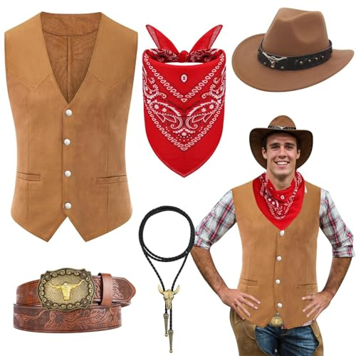 Set di 5 costumi da cowboy occidentale, da cowboy Fancy Dress con gilet cappello a tesa larga, bandana, testa di toro, collana per uomini adulti, carnevale, cosplay (stile 1, XL)