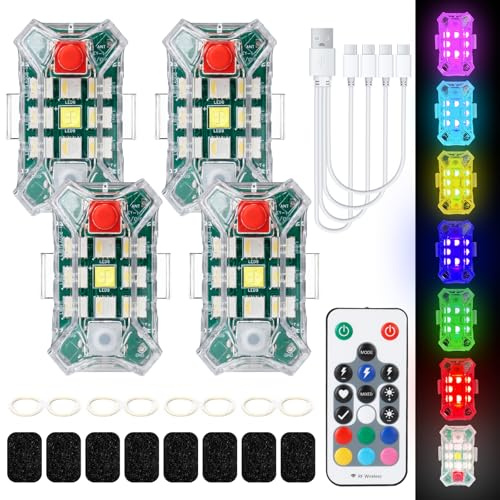 Mucek 4 luci a LED per auto senza fili con telecomando, 500 mAh Strobe Drone Light con 7 colori ad alta luminosità per auto, moto, drone